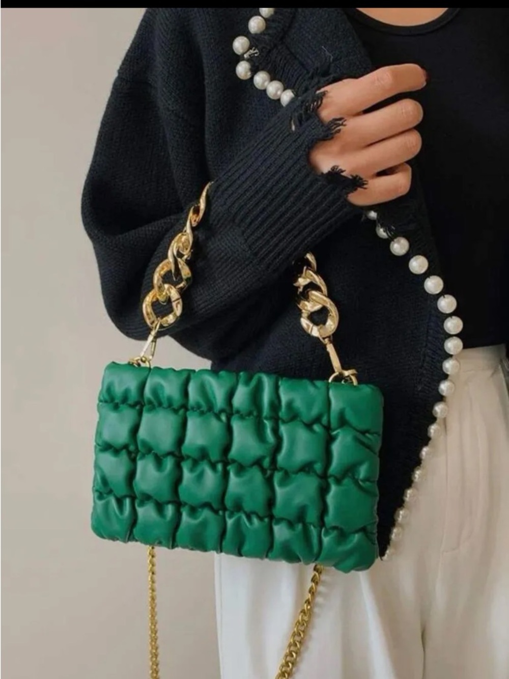 Green Quilted Chain Shoulder Bag